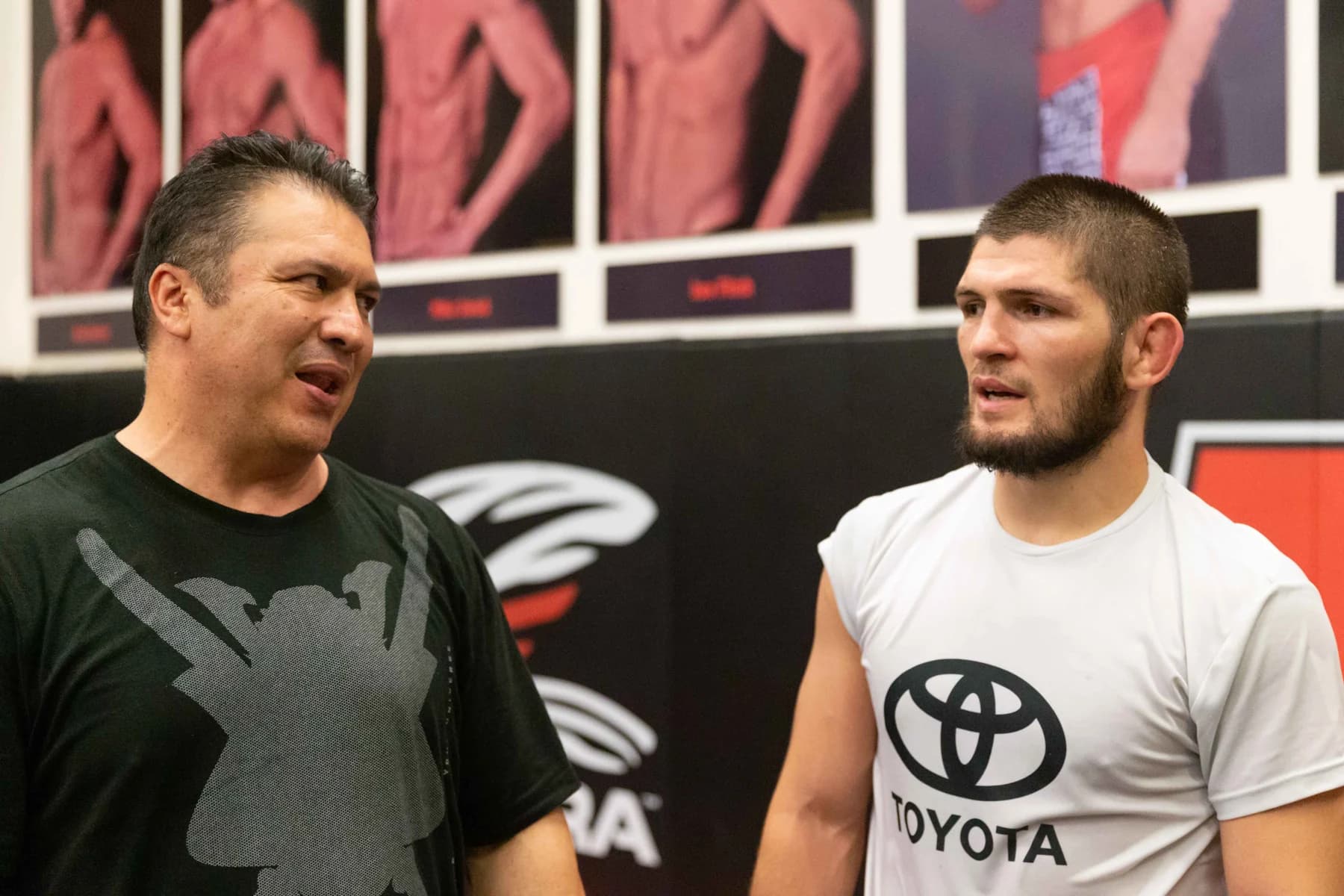 Khabib Nurmagomedov and Javier Mendez on the training floor